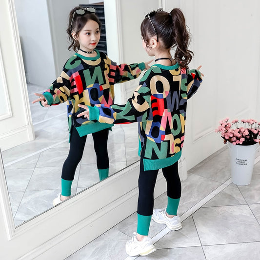 2022 Girls Clothes Autumn Spring Sweater T-shirt Hoodie + Stretch