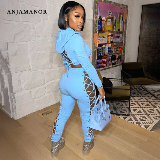 Anjamanor Two Piece Set Tracksuit Sexy Hollow Out Bandage Sweatpants